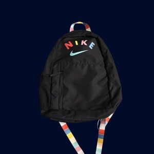 Nike Black Backpack with Pastel Multicolor Logo and Striped Straps